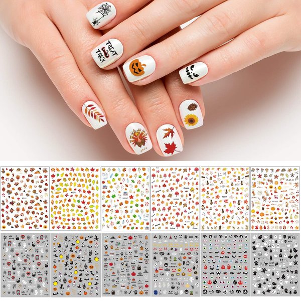 Adurself 1000+ Patterns Halloween and Autumn Fall Nail Art Decals Pumpkin Maple Leaves Nail Self-Adhesive Stickers Spider Web Bat for Women Girls Nail Design Manicure Happy Halloween Thanksgiving Day