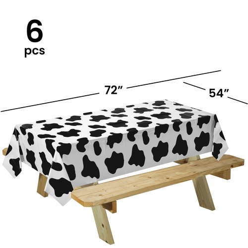 Cow Print Tablecloth (Pack of 6) 54 x 72 Inch Tablecloths for Farm Animal Themed Parties, Birthday Party Supplies and Picnic Table Covers, (Black and White)