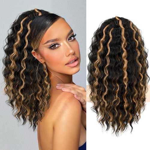 KooKaStyle Curly Ponytail Extension Fluffy Drawstring Ponytail Hair Extensions for Women Long Kinky Curly Wavy Pony Tail Extension Synthetic Hairpiece for Daily Use(18Inch Black Mixed Ginger)