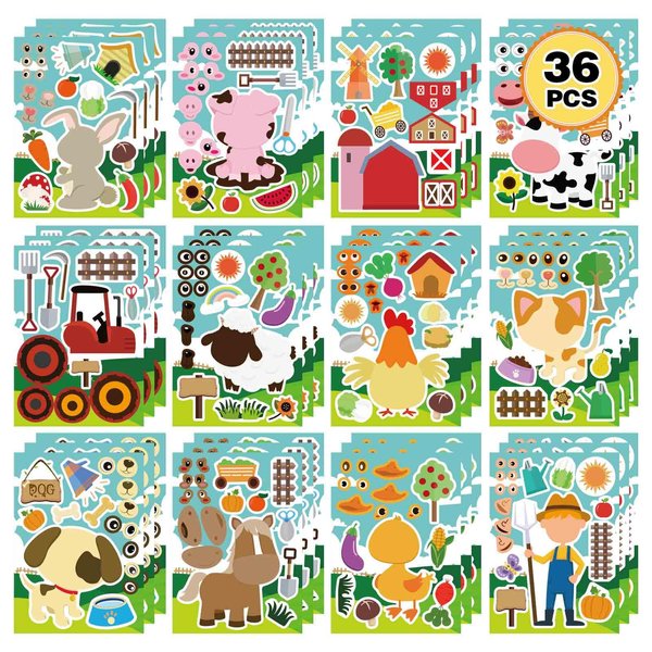 36 PCS Farm Animal Stickers Sheets, Make-a-face Sticker, Make Your Own Stickers for Kids Farm Themed Party Favors Supplies Craft Birthday Gift for Girls Boys