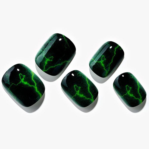 GLAMERMAID Press on Nails Extra Short Squoval, Black Glue on Gel Nails with Green Lightning, 24Pcs Round Reusable UV Finish Fake Nails Acrylic False Nails Manicure Kits for Women Girls Gifts