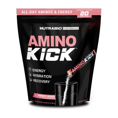 NutraBio – Amino Kick – All in One Performance Formula Energy, Hydration, Recovery 20 Servings, (Raspberry Lemonade) – 6g Amino Acids – Support Muscle Building