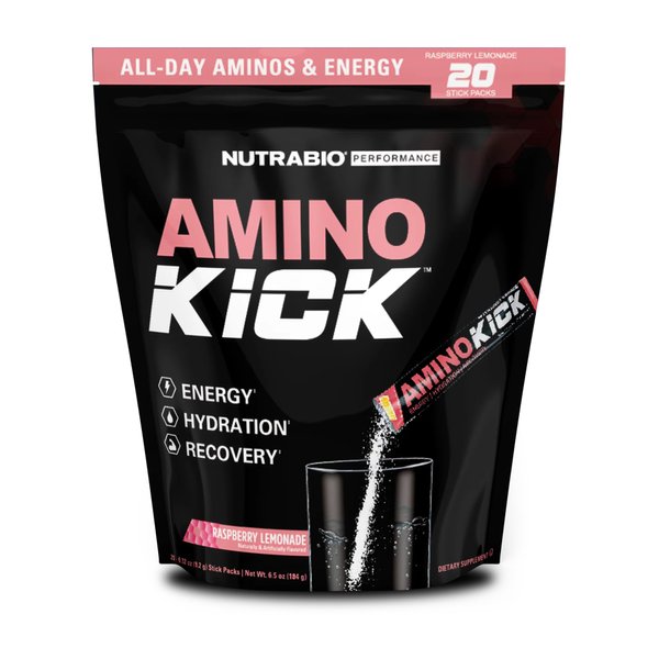 NutraBio – Amino Kick – All in One Performance Formula Energy, Hydration, Recovery 20 Servings, (Raspberry Lemonade) – 6g Amino Acids – Support Muscle Building