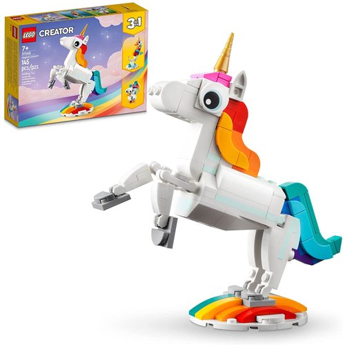 LEGO Creator 3 in 1 Magical Unicorn Toy, Transforms from Unicorn to Seahorse to Peacock, Rainbow Animal Figures, Unicorn Gift for Grandchildren, Girls and Boys, Buildable Toys, 31140