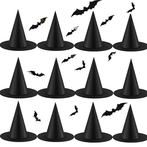 Tmflexe 12pcs Halloween Witch Hats Costume Accessories Party Decorations for Halloween Party Cosplay Christams Holiday Carnivals Hats + 12pcs 3D Decoration Bats DIY Sticker
