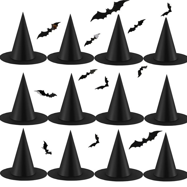 Tmflexe 12pcs Halloween Witch Hats Costume Accessories Party Decorations for Halloween Party Cosplay Christams Holiday Carnivals Hats + 12pcs 3D Decoration Bats DIY Sticker