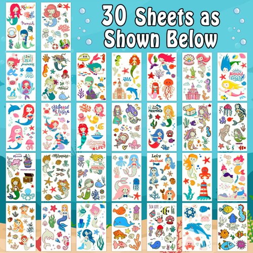 Partywind 315 Styles Luminous Mermaid Party Decorations for Girls, 30 Sheets Glow Mermaid Temporary Tattoos for Kids Party Supplies Favors, Under Sea Baby Shower Decor