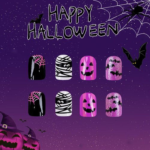 24Pcs Halloween Press On Nails Short Square Fake Nails Acrylic Nails Press Ons Purple False Nails With Mummy Bat Spider Designs Full Cover Glue On Nails Halloween Stick On Nails For Women