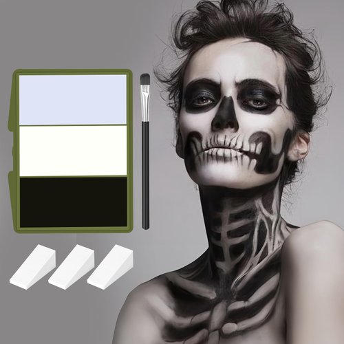 Halloween Skeleton Makeup, Complete Skeleton/Skull Makeup Kit Face Paint SFX Character Set With 1 Brush&3 Makeup Sponges, Professional Skeleton Make Up Kit for Costume Art Cosplay Dress-Up Party