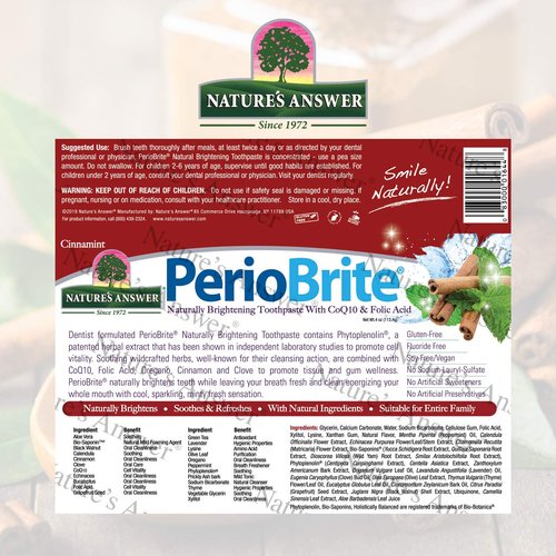Nature's Answer PerioBrite Toothpaste, Cinnamint, 4-Ounces Natural Fluoride Free with CO Q10 | for Sensitive Teeth | Naturally Whitens Teeth | Freshens Breath | Minimizes Dry Mouth