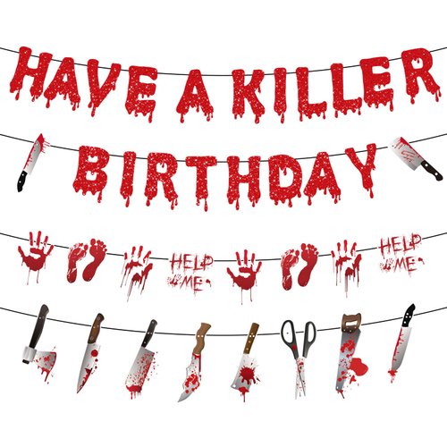 Gameza Have a Killer Birthday Banners - 4PCS No-DIY Murder Mystery Party Decorations Bloody Halloween Birthday Decoration Supplies Horror Spooky Birthday Banner Fake Knife Banners for Bday