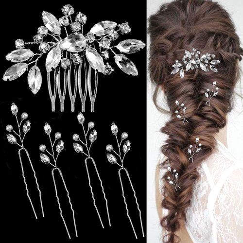 5 PCS Rhinestone Hair Pins Combs for Weddings - Crystal Hair Accessories and Pieces for Brides, Bridesmaids, Girls