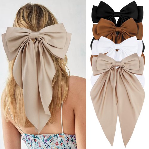 Velscrun Women Girls Hair Accessories Gifts - Khaki Satin Coquette Bow, White Silky Bow, Brown Oversized Hair Clip Ribbons, Black Long Tail Barrettes (4Pcs)