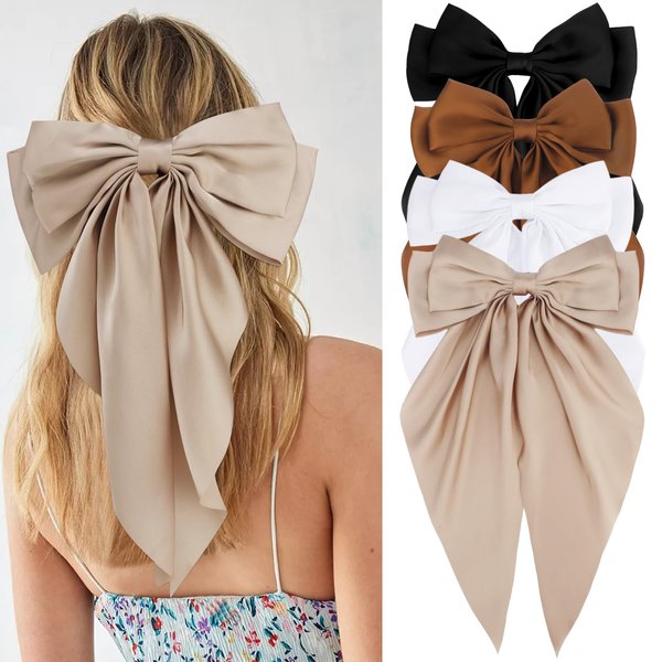 Velscrun Women Girls Hair Accessories Gifts - Khaki Satin Coquette Bow, White Silky Bow, Brown Oversized Hair Clip Ribbons, Black Long Tail Barrettes (4Pcs)