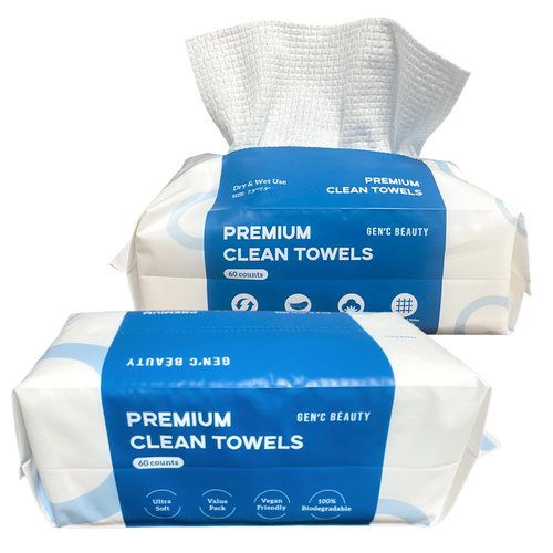 GEN'C BÉAUTY Premium Disposable Clean Towel | Biodegradable Fabric | Ultra Soft & Absorbent| EF Textured Face Towel| Makeup Removing Towel (60 count (Pack of 2))