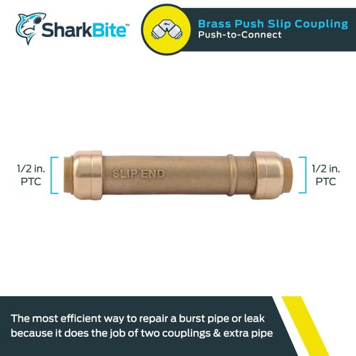 SharkBite 1/2 Inch Slip Coupling, Push to Connect Brass Plumbing Fitting, PEX Pipe, Copper, CPVC, PE-RT, HDPE, U3008LFA