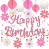 YEOCU Birthday Decorations, NO DIY, Pre-Strung Happy Birthday Banner with Honeycomb Balls, Hanging Swirls, Circle Dots Garland, Happy Birthday Party Decorations for Women Men Boys Girls (Pink)