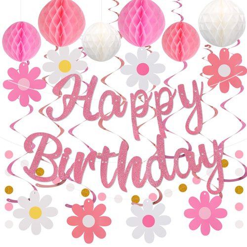 YEOCU Birthday Decorations, NO DIY, Pre-Strung Happy Birthday Banner with Honeycomb Balls, Hangin...