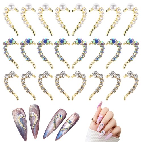 QXUJI 24PCS Heart Nail Art Charms, 3D Nail Decals with Rhinestones Pearl, Gold Nail Art Accessories Decoration for Girls and Women, (3 Styles, 12 Pairs)