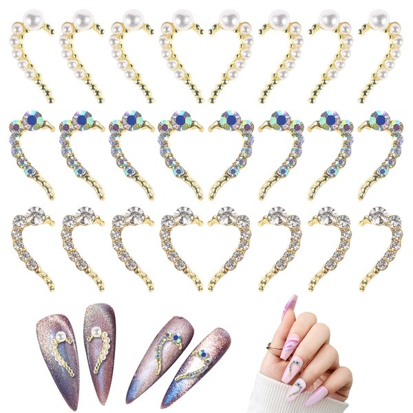QXUJI 24PCS Heart Nail Art Charms, 3D Nail Decals with Rhinestones Pearl, Gold Nail Art Accessories Decoration for Girls and Women, (3 Styles, 12 Pairs)