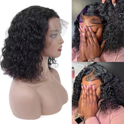 yuccy Curly Bob Wig Human Hair 13X4 Water Wave Lace Front Wig Human Hair Pre Plucked 250% Density Curly Bob Wigs for Women Natural Color 16 Inch…