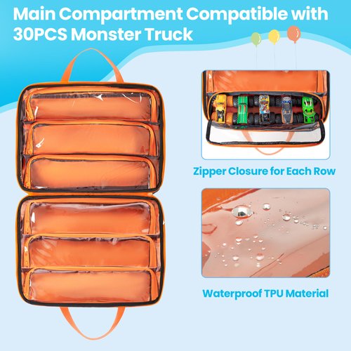 CURMIO Carrying Case Compatible with Monster Jam Trucks, Portable 1:64 Scale Monster Truck Bag Holding 34 Toy Cars for Collectors, Dark Blue, Bag Only