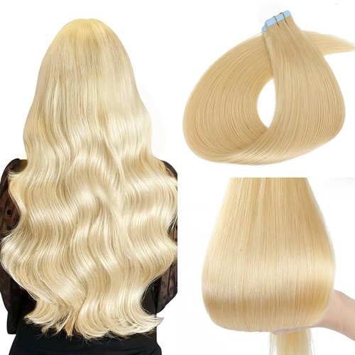 ELFSECRET 100% human hair Tape In Hair Extensions Invisible PU Seamless Skin Weft Tape in Real Human Hair Silky Straight Hair Extensions Soft Thick To End 40g/pack 20pcs (26 Inch, 613 Bleach Blonde)