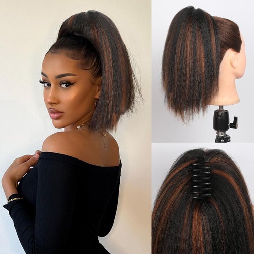 WIGNEE 12 Inches Kinky Ponytail Hair Extensions Claw Clip Yaki 1B/30 Highlights Ponytail Extension For Black Women Kinky Straight Clip In Ponytail Hair Extensions (12 Inches-Highlights)