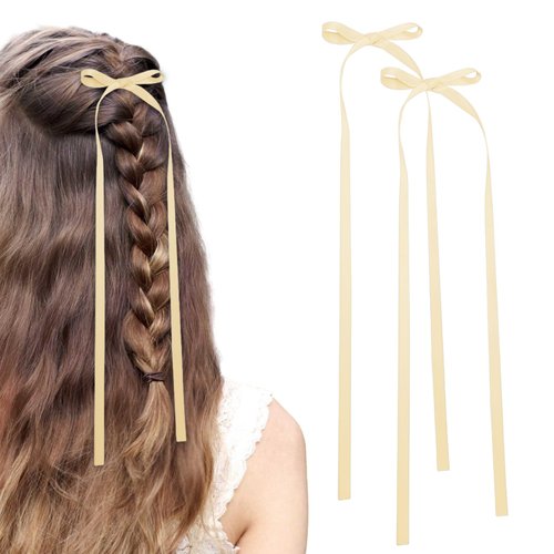 Bow Hair Clips,2 PCS Yellow Hair Bows Tassel Hair Ribbons,Long Hair Bow Satin Hair Clip Ribbon Accessories for Women (Yellow)
