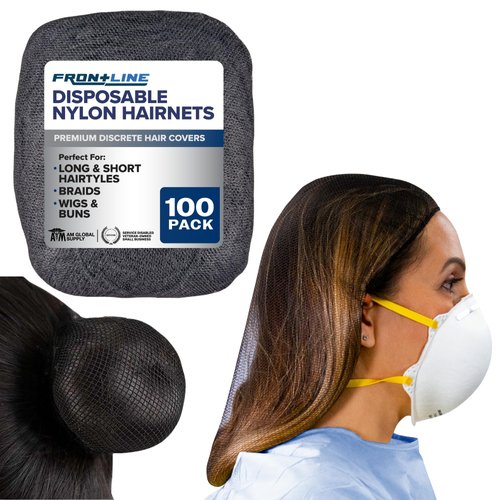 FRONTLINE Hair Nets 100 Pack 24 Inch Premium Nylon Mesh Hair Cover for Food Service Workers Disposable Hair Cap for Women and Men Invisible Elastic Hairnet