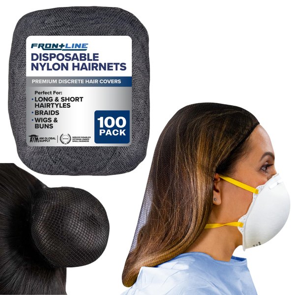 FRONTLINE Hair Nets 100 Pack 24 Inch Premium Nylon Mesh Hair Cover for Food Service Workers Disposable Hair Cap for Women and Men Invisible Elastic Hairnet