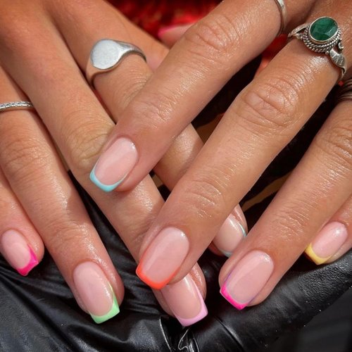 French Tip Square Shaped Press on Nails Short Fake Nails with Rainbow Colorful Design French False Nails Glossy Pink Full Cover Acrylic Nails Square Stick on Nails for Women and Girls 24 Pcs