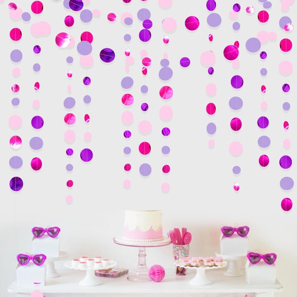 Pink and Purple Party Decorations Circle Dots Garland Hot Pink Lavender Hanging Polka Dot Streamer for Girls Birthday Baby Shower Bridal Shower Wedding Bachelorette Anniversary Party Supplies