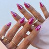 Hot Pink Chrome Press on Nails Medium Oval Fake Nails Full Cover,SXVME Hot Pink Aurora Press on Nails Medium Round,Metallic Fake Nails With Design,Plating Holographic Chrome Nails Glue on Acrylic