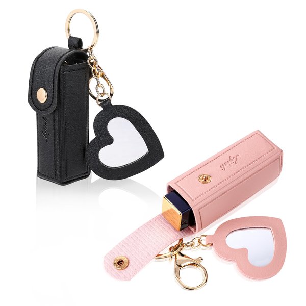 2 PCS Lipstick Holder Keychain Chapstick Holder Lip Balm Holder Keyring Soft Leather Portable Lipstick Holder Lipstick Pouch with Metal Key Ring for Travel Carry Lipstick(Black and Pink)