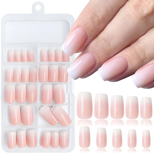 LoveOurHome 120pc Square Press on Nails Medium Fake Nails Ombre Nude False Nails Medium Square Nails Press ons Nail Glossy Artificial Nail Tips Presson Fingernails with Nail Glue Adhesive Tabs