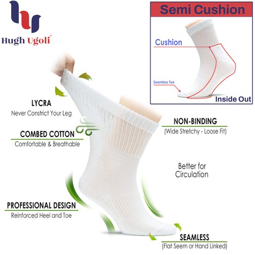 Hugh Ugoli Men's Cotton Diabetic Ankle Socks, Wide, Loose and Stretchy, Seamless Toe & Non Binding Top, Semi Cushion, 3 Pairs, Black, Shoe Size: 11-13