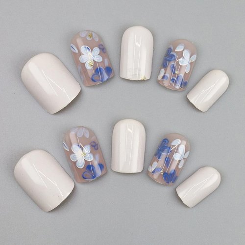 24Pcs Spring Press on Nails Short Fake Nails Blue Retro Flower with Designs Nude Glossy Stick on Nails White Acrylic Extra Short Square False Nails Artificial Glue on Nails for Women Manicure Decor