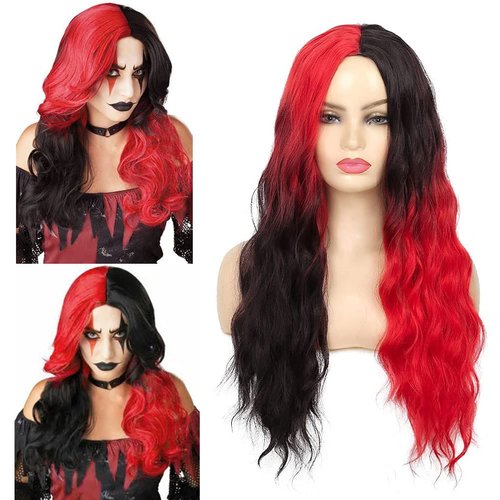 Swiking Half Red Half Black Wigs for Women Long Curly Wave Synthetic Hair Natural Heat Resistant Full Wig for Daily Party Cosplay Halloween（Ombre Red）