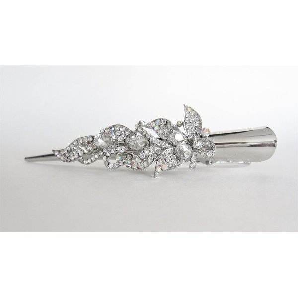 Silver alligator leaf hair claw clip with clear and AB crystals