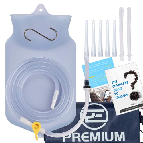 PE Clear Silicone Enema Bag Kit. Suitable for Coffee and Water Colon Cleansing. 2 Quart Capacity, 6.75 Foot Long Hose, 7 Tips. by Premium Enema