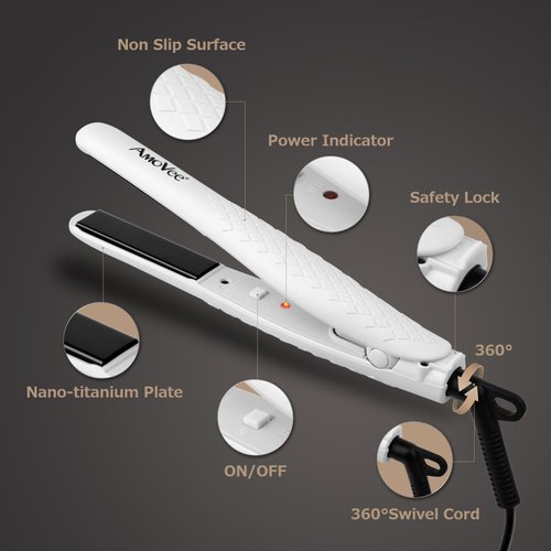AmoVee Mini Flat Iron Nano-Titanium Hair Straightener Dual Voltage for Travel, Heat Resistant Glove Included, White