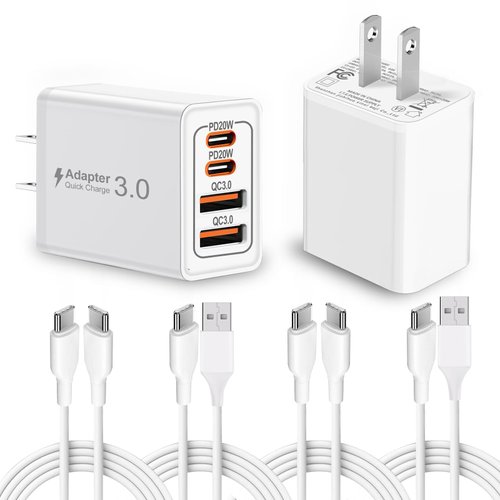 2 Pack 40W Fast Charger,2 Pack USB-C Fast Charger Cable,2 Pack Type C-C Fast Charger Cable,4-Port PD Power Adapter,QC Plug Multiport Block Cube Charging for iPhone,iPad,AirPods,Watch,Samsung,and More