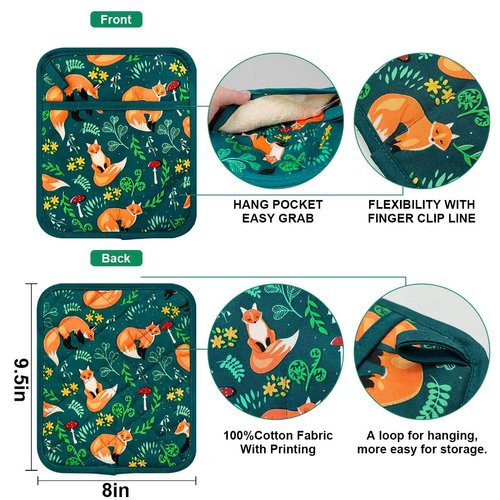Pot Holders Set of 2 Heat Resistant 480℉ Kitchen 100% Cotton Comfortable Lining Printing Fox Flower Women Men Home Cooking Baking Microwave BBQ Gift(Fox Flower)