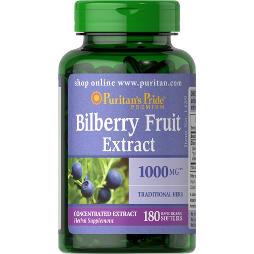 Puritan's Pride Premium Bilberry Fruit Extract 250 mg (1000mg equivalent), 4:1 Concentrated Herbal Supplement, Vitamin C, 3 to 6 Month Supply, 180 Rapid Release Softgels, Packaging May Vary