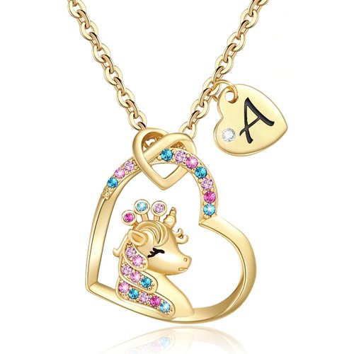 Chunyee Unicorn Gifts for Girls, 18K Gold Plated CZ Heart Unicorn Necklaces Initial Unicorn Necklace Birthday Gifts for Girls Teens