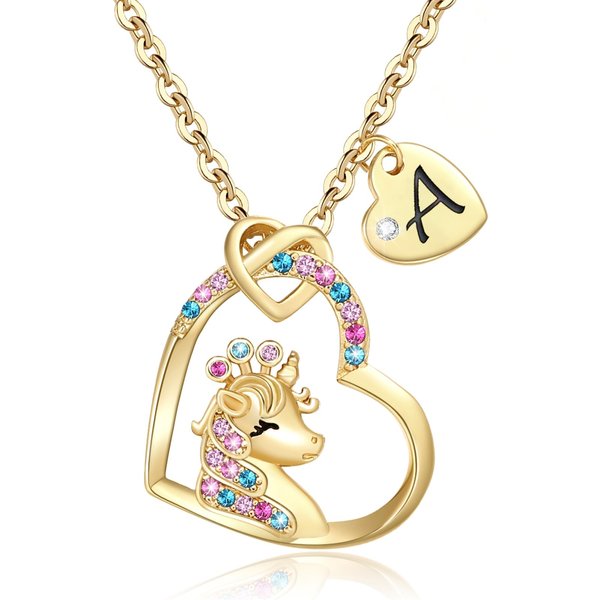 Chunyee Unicorn Gifts for Girls, 18K Gold Plated CZ Heart Unicorn Necklaces Initial Unicorn Necklace Birthday Gifts for Girls Teens