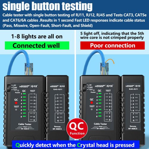 NOYAFA NF-468CS Network Cable Tester Telephone & Continuity Tester Ethernet Cable Mapper for RJ45/RJ11/RJ12/CAT5/CAT6/POE Test UTP/STP Network Test Tool (Black)