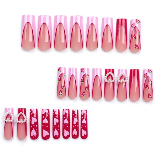 Valentine's Day Press on Nails Long Coffin BAOYAALIN, Cute Pink Fake Nails with 3D Pearls Heart Design Gel Glue on Nails for Women Girls Acrylic Artificial False Stick on Nail for Wedding 24Pcs