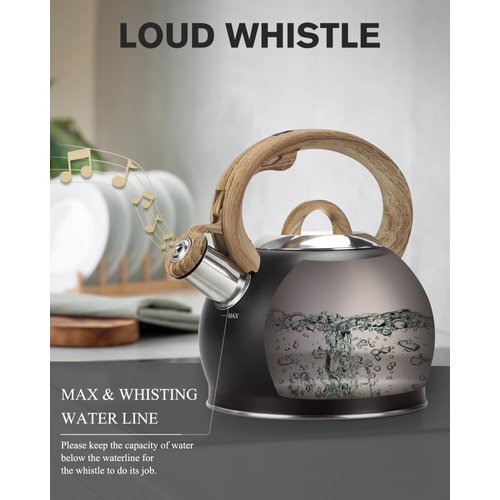 Hauce Radio Tea Kettle Stovetop, Black Tea Kettles-2.1 Quart Loud Whistle Stovetop Teapot,Food Grade Stainless Steel with Wood Pattern Handle, Unique Button Control Kettle Outlet for Tea, Coffee